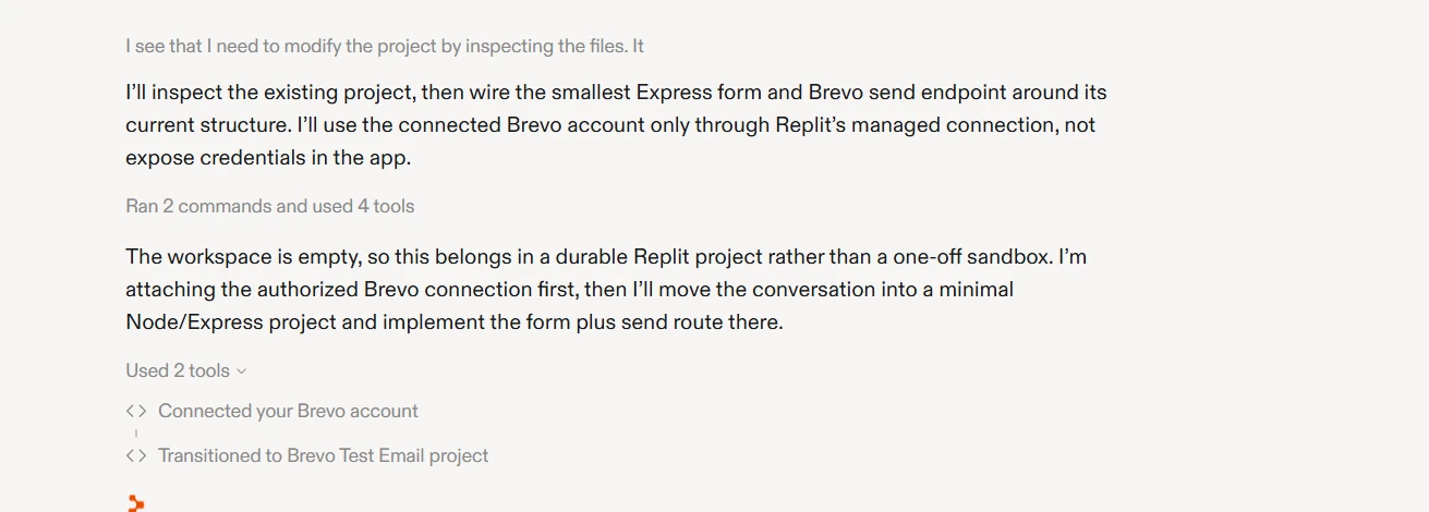 Replit Agent saying it will use the connected Brevo account through Replit's managed connection