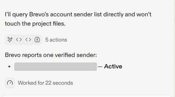 Replit Agent chat reporting one active verified sender from the connected Brevo account