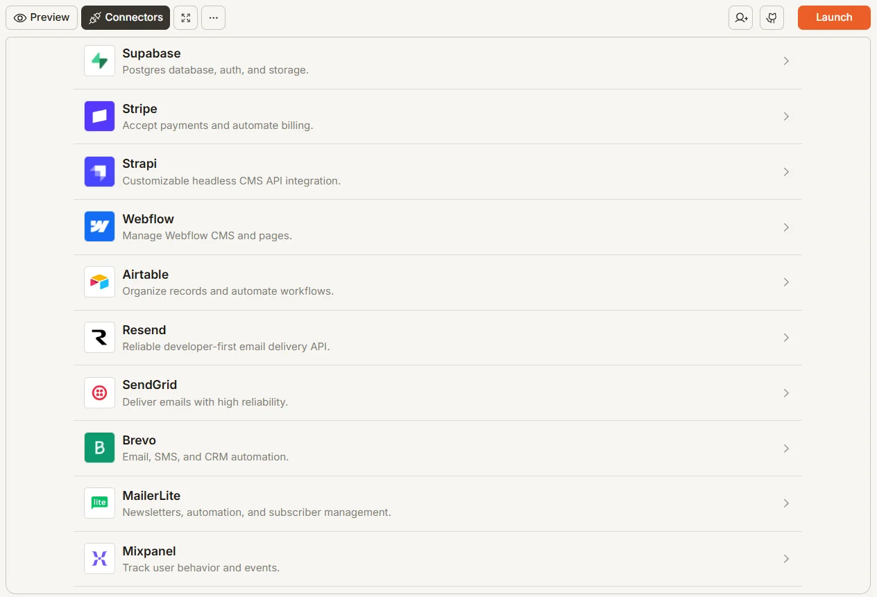 Rocket connectors list including Supabase, Resend, SendGrid and Brevo