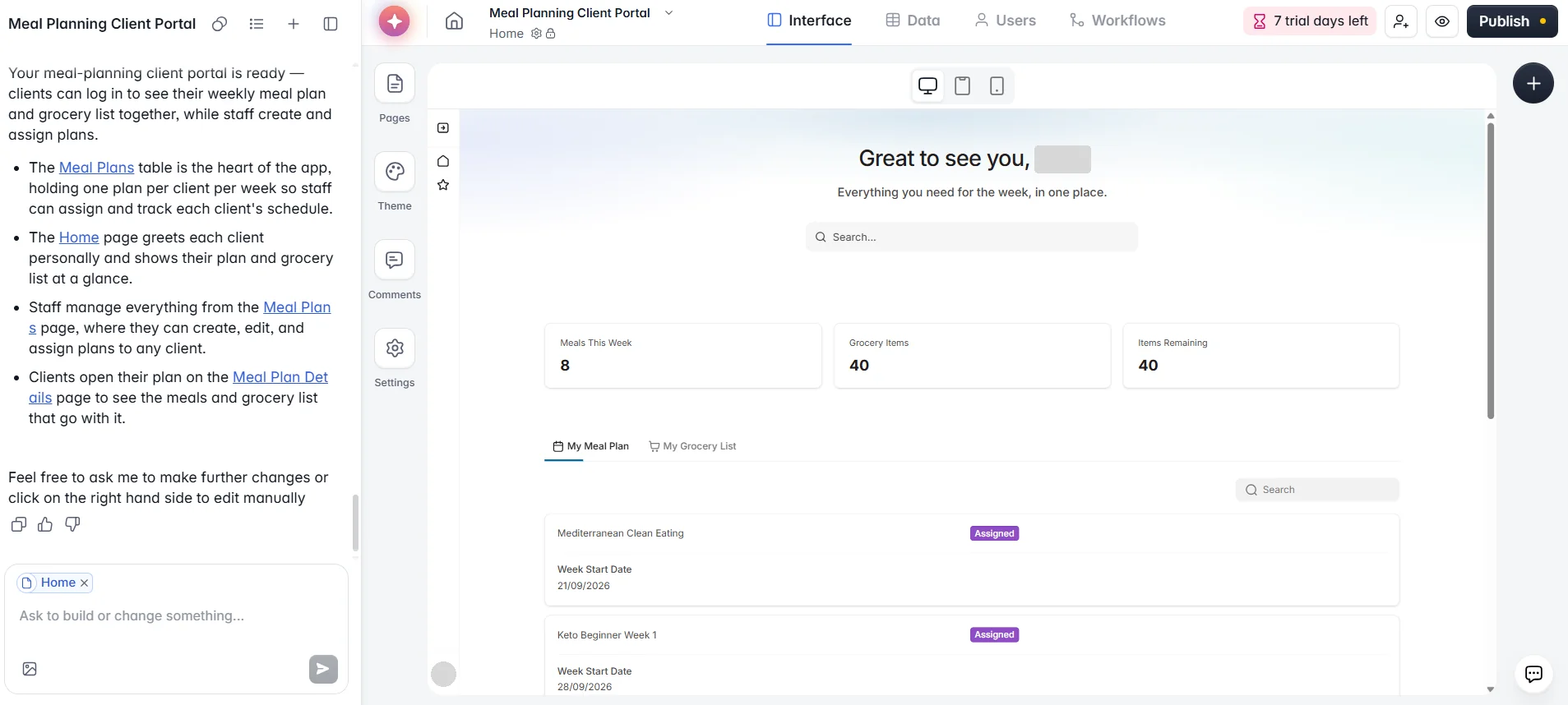 Softr AI builder chat on the left and the generated meal planning client portal on the right