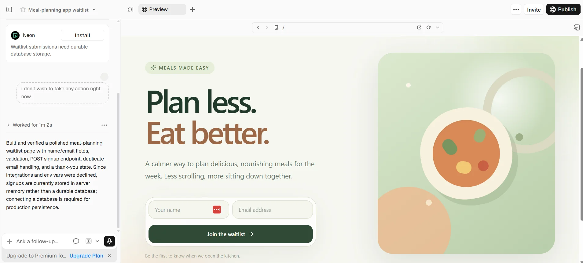 v0 generating a meal planning waitlist page and asking to install the Neon database integration