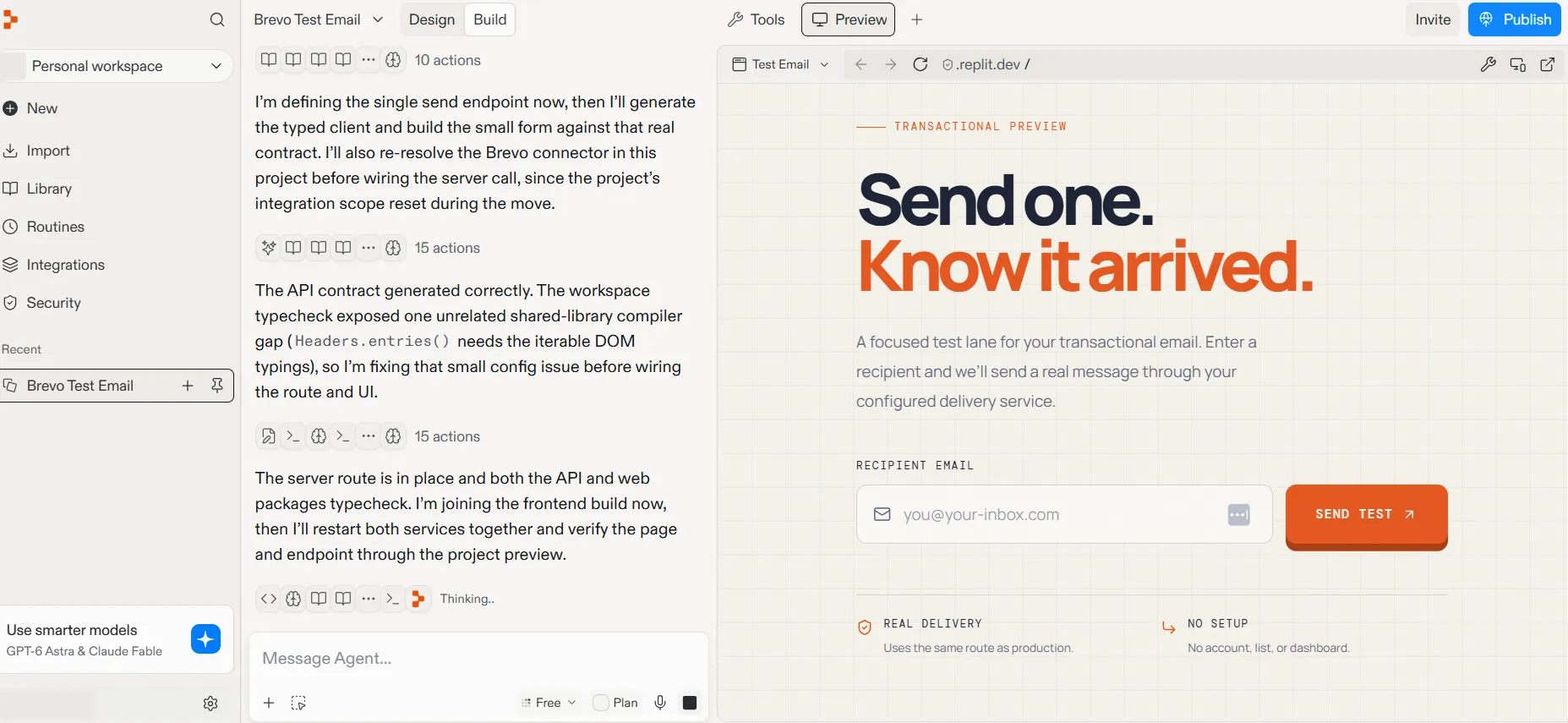 Vibe coding in Replit: Agent chat on the left, the generated test email app preview on the right